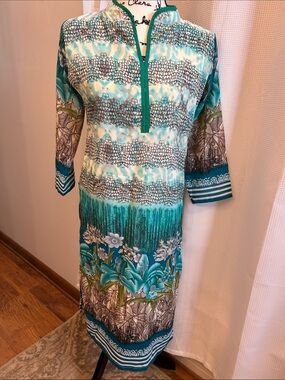 Teal Floral Print Women's Tunic Dress size Med, watercolor appearance, lined EUC